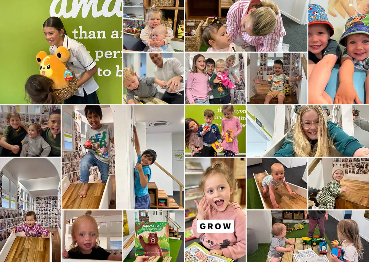 A mosaic of photographs of children playing in the practice’s kids’ corner